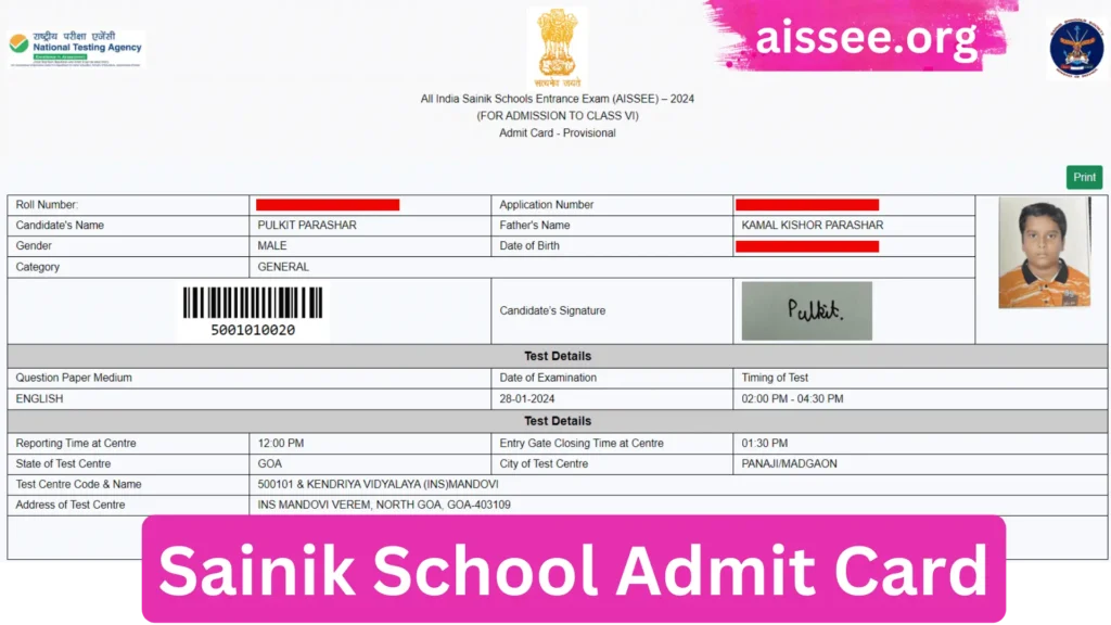 Sainik School Admit Card Sample